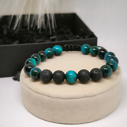 Laavakivist helmestega käevõru sinise tiigrisilmaga