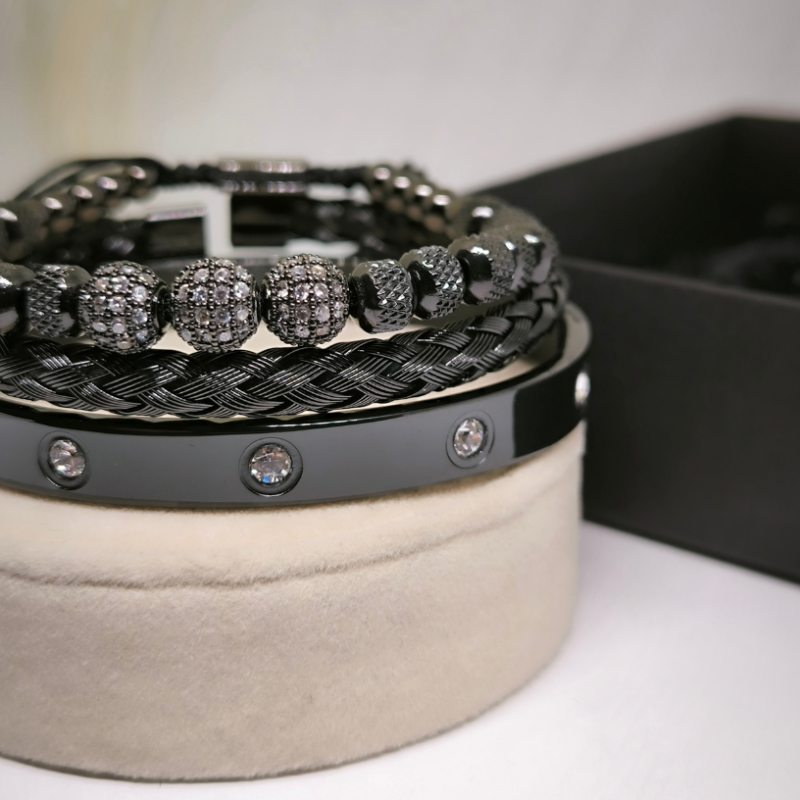 Stiilne musta värvi tsirkooniumiga meeste käevõrude komplekt