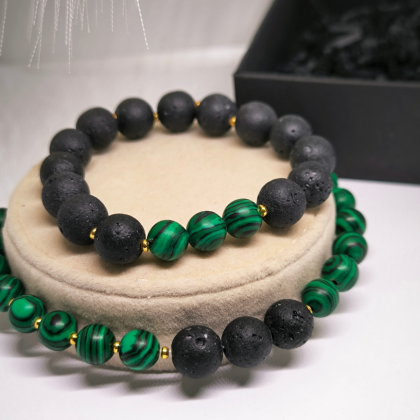 Malahhiidi ja laavakivi käevõrude komplekt „Maa ja tule harmoonia“